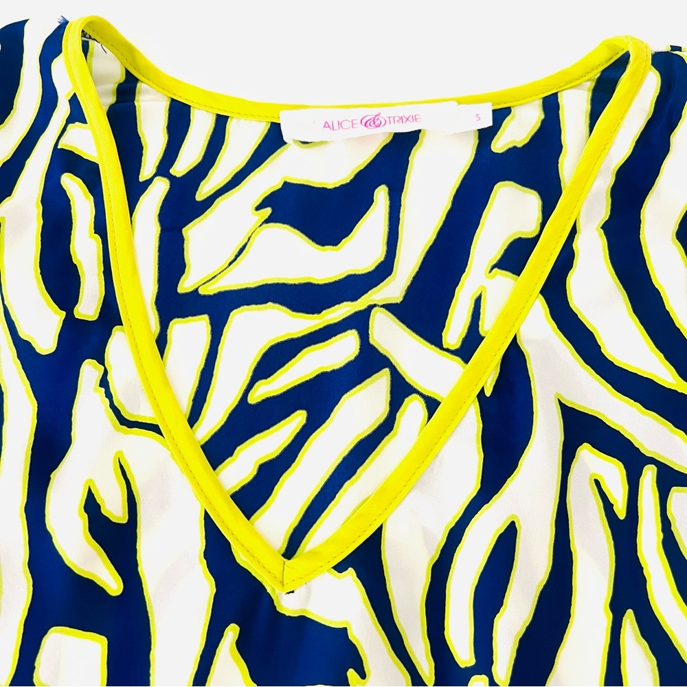 ALICE & TRIXIE Silk Neon Yellow Blue Short Sleeve Tunic Blouse Top Size … - Picture 5 of 11
